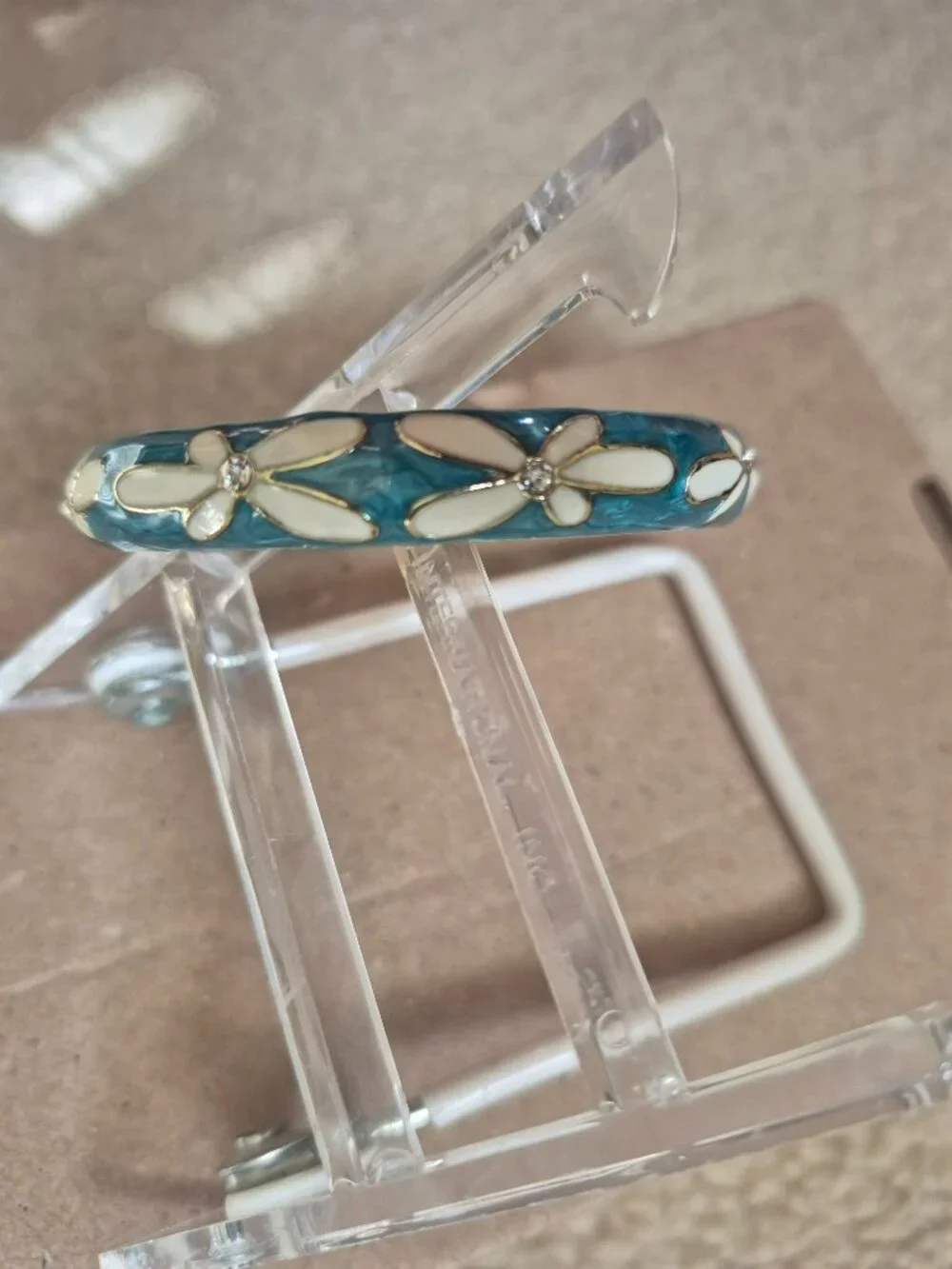 Aolani Turquoise Enamel Bangle Bracelet Plumeria Flower w/Cubic Zirconia Mint!